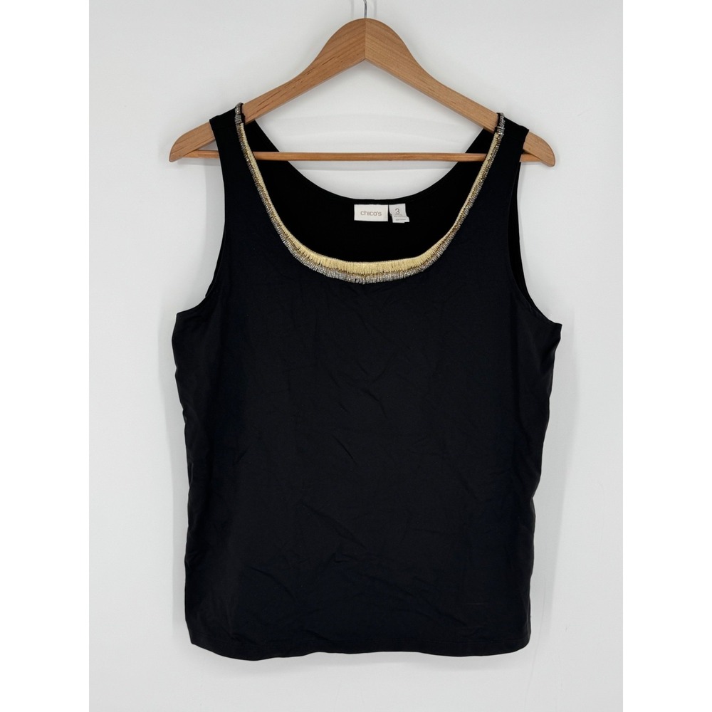 Chico's Black Rayon Spandex Sleeveless Tank Top Beaded Neck XL (Chico's 3) M9